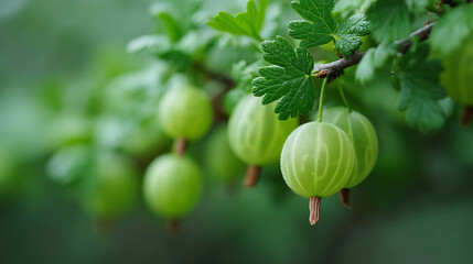 Gooseberries dangle like verdant lanterns, whispering secrets of Midsummer celebrations and ancient Celtic rituals, spring foliage kisses gently