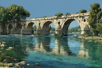 Obraz premium Historic Stone Arch Bridge Over Calm River Reflecting Natures Serenity and Architectural Beau