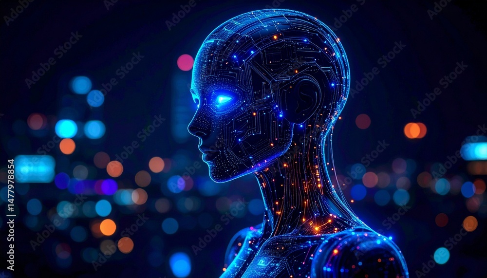 Poster futuristic artificial intelligence illustration of a human-like robot with digital circuits and glow