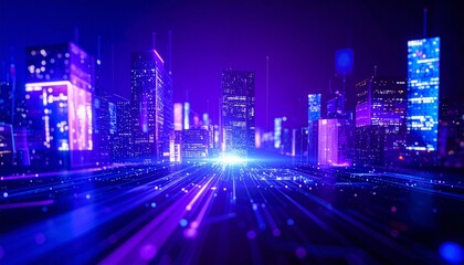 Fototapeta premium A futuristic cityscape illuminated with neon lights, radiating energy and innovation. Streaks of light shoot towards the camera, creating a dynamic and abstract composition.