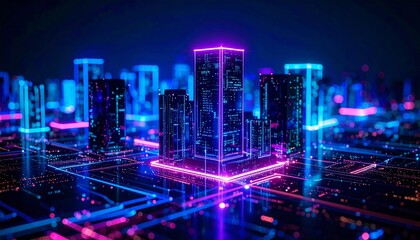Obraz premium A futuristic cityscape glowing with vibrant neon lights. The digital city is brought to life with neon lights that highlights the towering skyscrapers