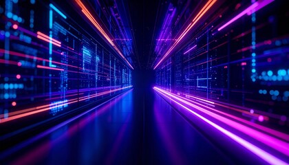 A mesmerizing visual representation of a data stream flowing through digital space, illuminated with vibrant hues of orange and purple, creating a futuristic tunnel effect