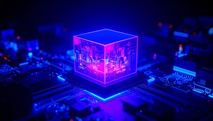 A glowing blue and pink cube resting on a circuit board, evoking a sense of technology and innovation. It illuminates the surrounding space, creating a futuristic aesthetic. The cube is translucent.