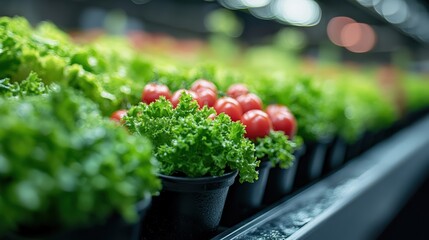 Fresh vegetables displayed in pots with green lettuce and red tomatoes in greenhouse environment