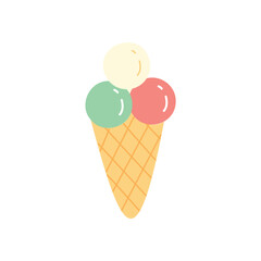 Cute ice cream cone with three colorful scoops in flat cartoon style. Fun summer dessert illustration for kids and sweet-themed designs. Isolated on white background.