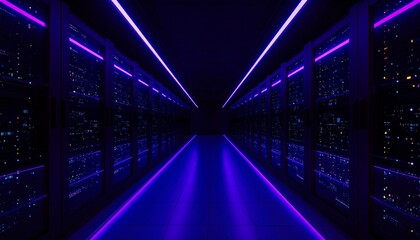 Obraz premium Inside a futuristic data center, the purple glowing lights of technology create an immersive tunnel
