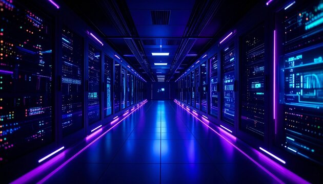 A high-tech data center with servers lining the room, radiating futuristic vibes. The room has cool, vibrant blue and purple neon lights