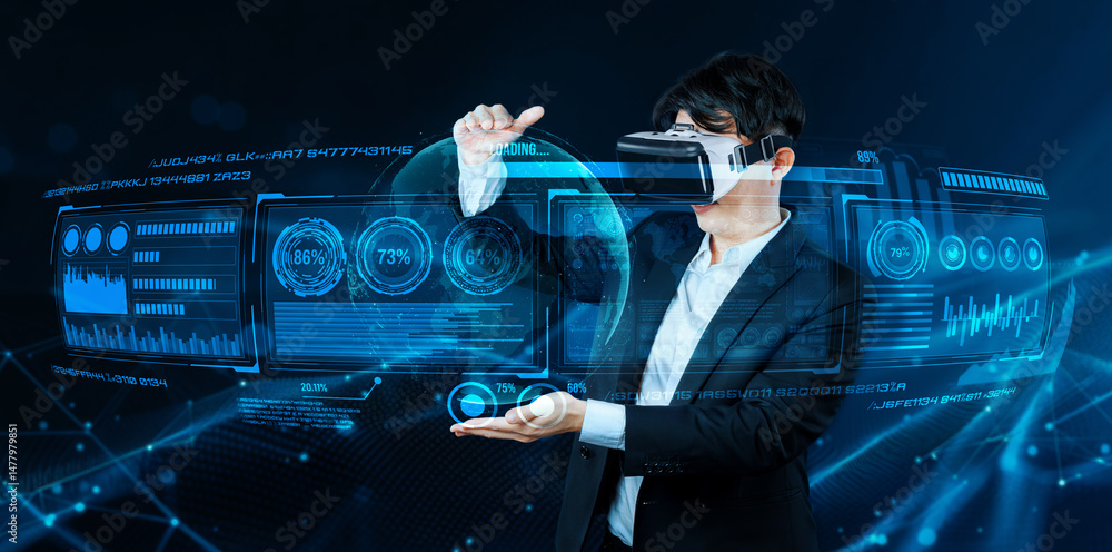Poster smart business man connecting at global network by using vr glasses. project manager accessing big d