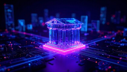 A digital bank building glowing with neon lights in a futuristic city setting. The scene creates a sense of innovation and technological advancement.