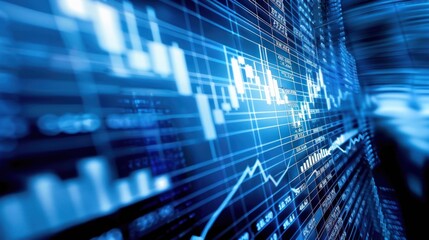 Dynamic blue-toned financial data visualization, depicting market fluctuations