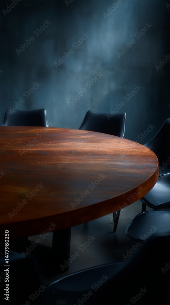 Poster round wooden table top, dark chairs surrounding it, dark background, showcasing a clean and simple d
