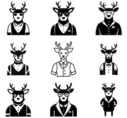 Black and White Stylish Deer Icon Set - Fashionable Deer with Glasses and Suits