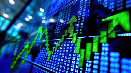 A close-up shot of a stock market display screen showing rising trends with green arrows