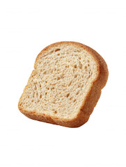 A single, toasted slice of whole wheat bread is presented on a clean white backdrop, showcasing the texture and golden-brown color perfect for breakfast or a snack.