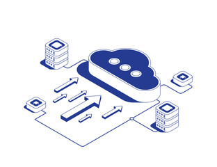 Cloud storage system with data transfer arrows showing incoming information flows to cloud icon symbolizing digital data transmission and network computing technologies in isometric line contour.