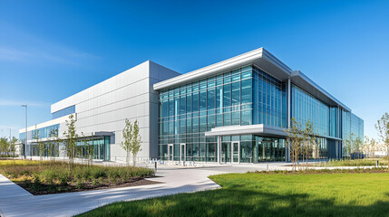 Obraz premium Modern Glass and Metal Building Exterior on a Sunny Day