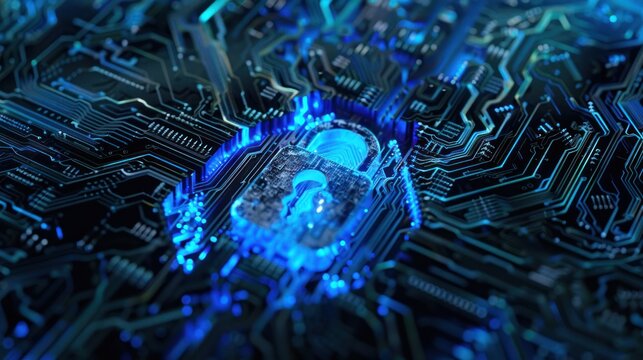 A close-up view showcases glowing circuit board with digital lock