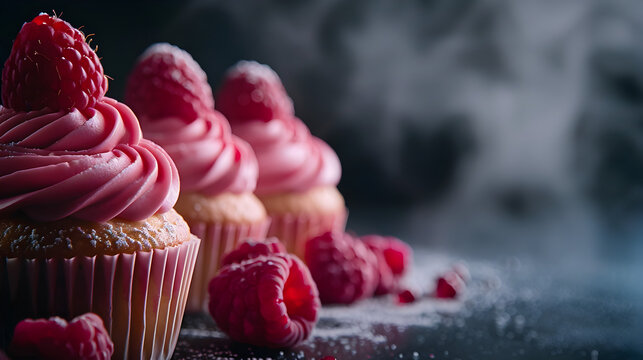 Raspberry cupcakes close-up on a dark background with copy space
