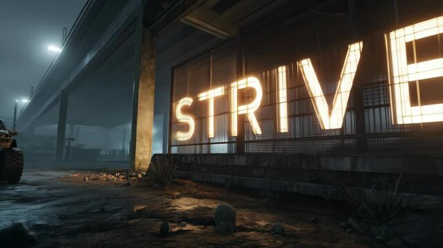 Urban landscape with illuminated strive sign, moody environment and vehicle underneath highway overpass