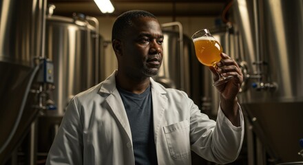 Black man in lab coat working in a brewery, examining the quality of beer in a glass