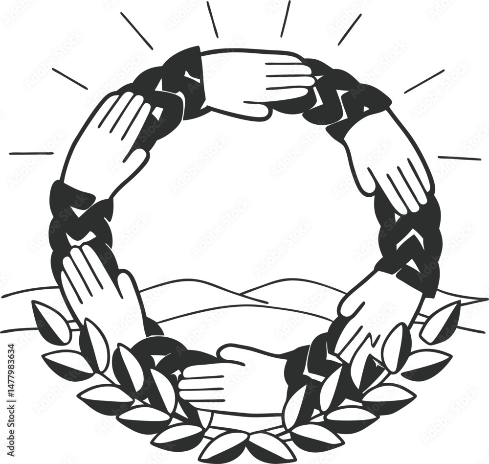 Poster monochrome illustration of a handshake circle symbolizing collaboration unity and teamwork featuring