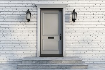 A contemporary gray door stands elegantly against a pristine brick wall, adorned with stylish decorative lanterns, creating a captivating entrance during midday