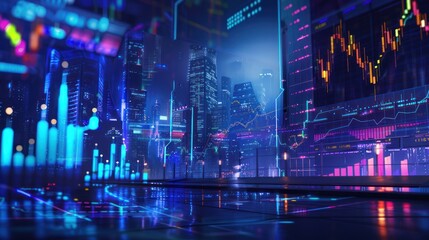 A digital cityscape with financial charts and data displayed across the buildings