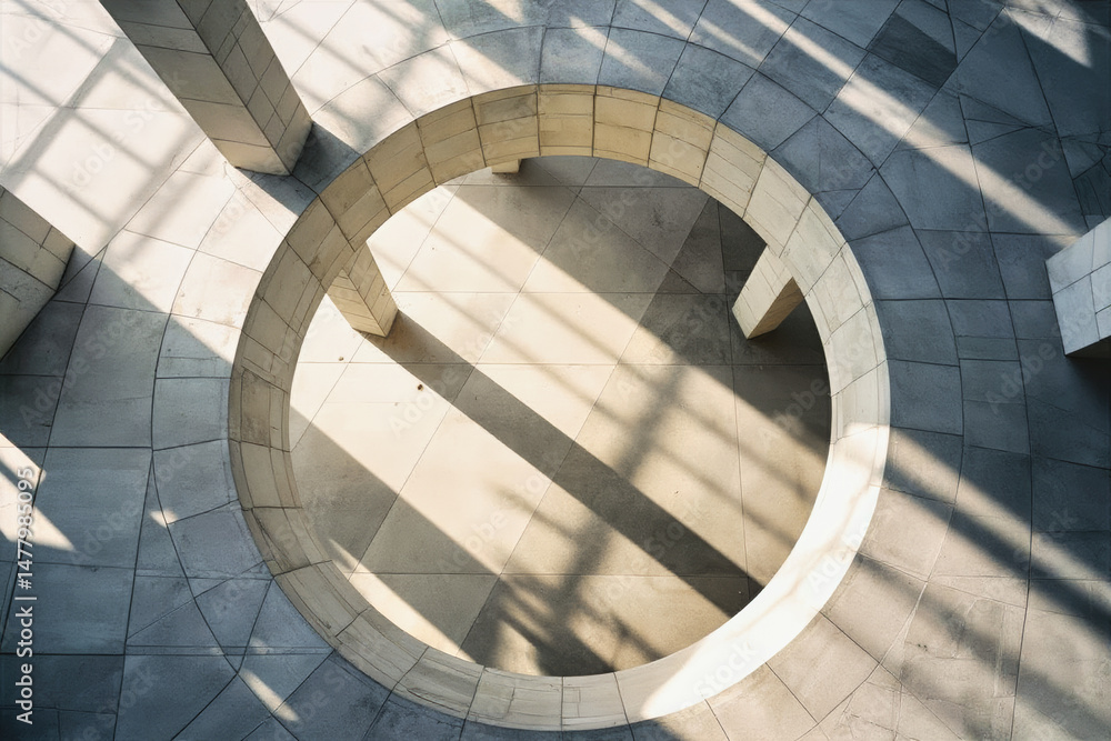 Poster Sunlight streams through a modern buildings skylight, casting dramatic shadows across a circular architectural feature and patterned floor.