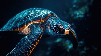 Fototapeta premium Dark blue sea turtle close up