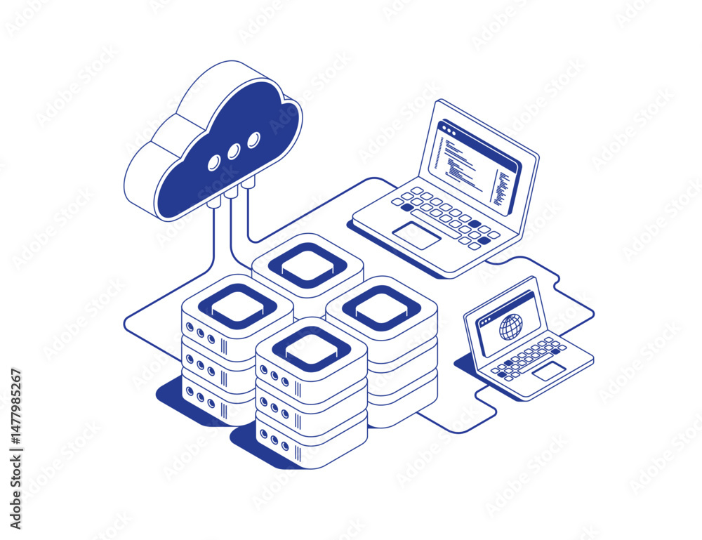 Poster cloud server management system with connected server racks, laptops and cloud storage icon linked by
