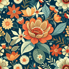 Beautiful floral pattern featuring vibrant colors and diverse flowers on a dark blue background Generative AI