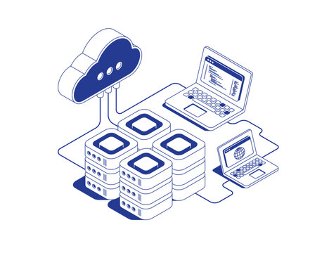 Cloud server management system with connected server racks, laptops and cloud storage icon linked by data flows and cables in isometric line contour vector illustration.