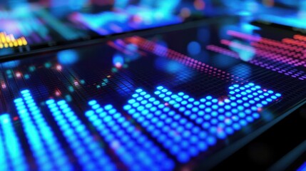 Display of complex financial data with vibrant, illuminated charts and graphs