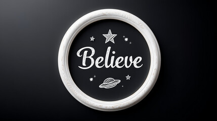 Handwritten poster with the phrase "Believe" surrounded by stars and a UFO for World UFO Day  