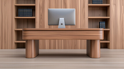 A minimalist wooden desk with computer monitor faces a bookshelf in a stylish home office interior scene.