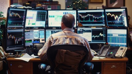 An individual, possibly a trader, at a desk with multiple screens displaying financial data. He is facing the screens