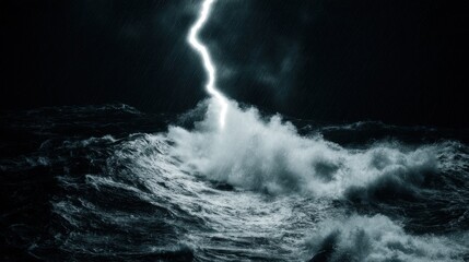 Dramatic storm scene, intense lightning striking turbulent ocean waves, dark atmospheric sky, evokes nature's power and chaos.
