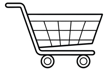 Black Outline of Shopping Cart with Wheels, Handle, and Basket Grids