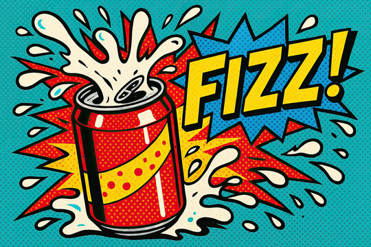 Pop art style explosion of soda can with fizz and splash effect in bright comic book background