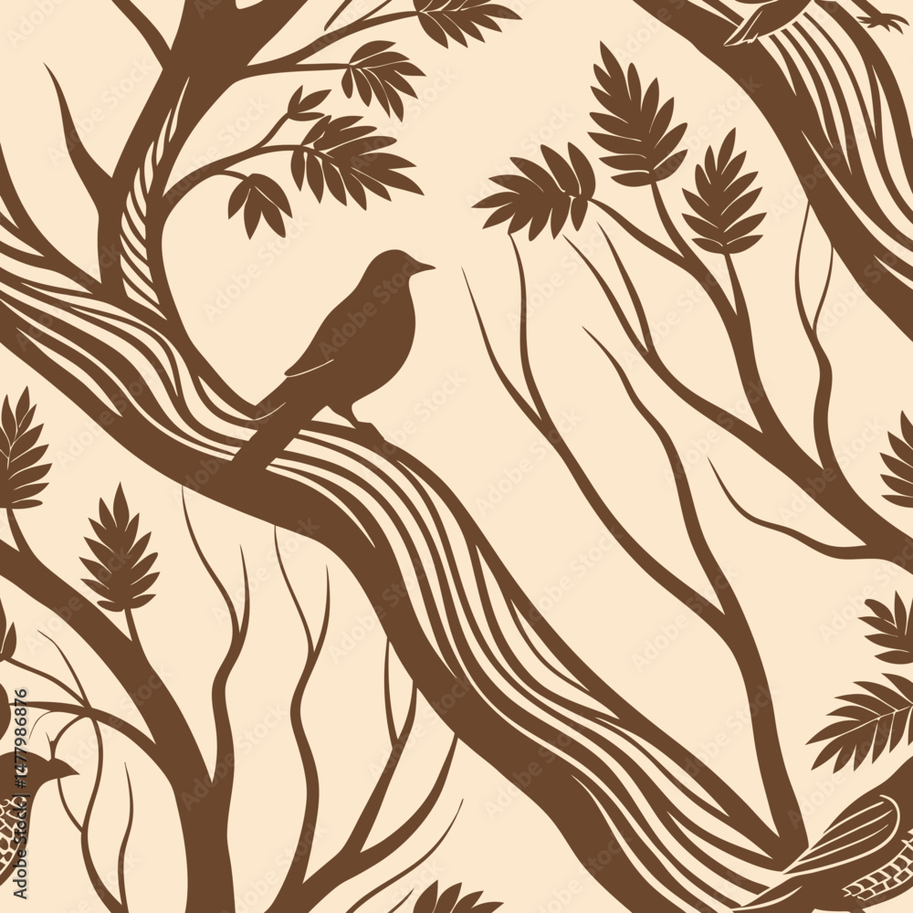 Poster seamless vector pattern featuring birds and tree branches in brown