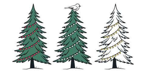 Obraz premium Festive Christmas trees with lights and snowy
