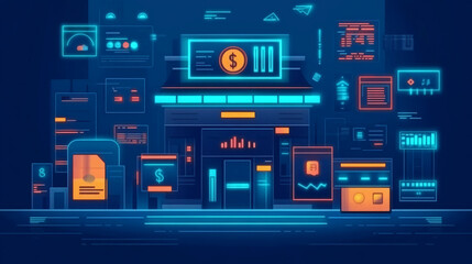 Finance digital dashboard neon interface futuristic data analysis money management platform banking system
