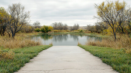 A concrete path leads toward a serene pond reflecting the cloudy sky in an autumn landscape scene outdoors.