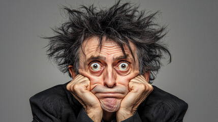 A man with wild disheveled hair looks tired and stressed holding his face with his hands in desperation.