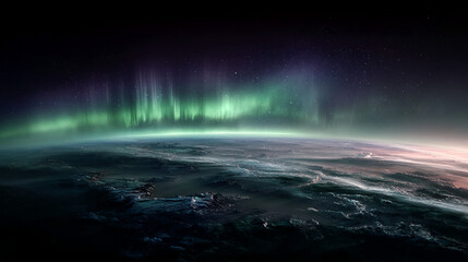 Aerial view of planet's surface with vibrant aurora borealis in dark night sky, showcasing cosmic beauty and ethereal atmosphere