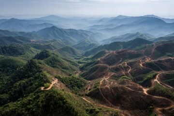 Fototapeta premium Deforested mountain range aerial view