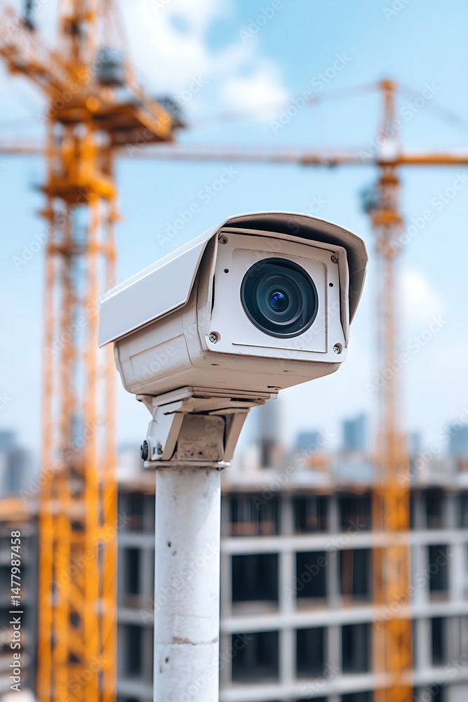 Poster security camera overlooking a construction site, ensuring safety and monitoring progress with cranes