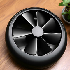 Obraz premium Sleek Black Fan Rests Quietly on Wooden Tabletop Surface