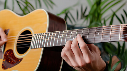 Fototapeta premium A person plays an acoustic guitar with plants in the background, focusing on fingers on the fretboard.