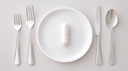 White Capsule on Plate with Kitchen Cutlery Symbols of Nutrition Concept